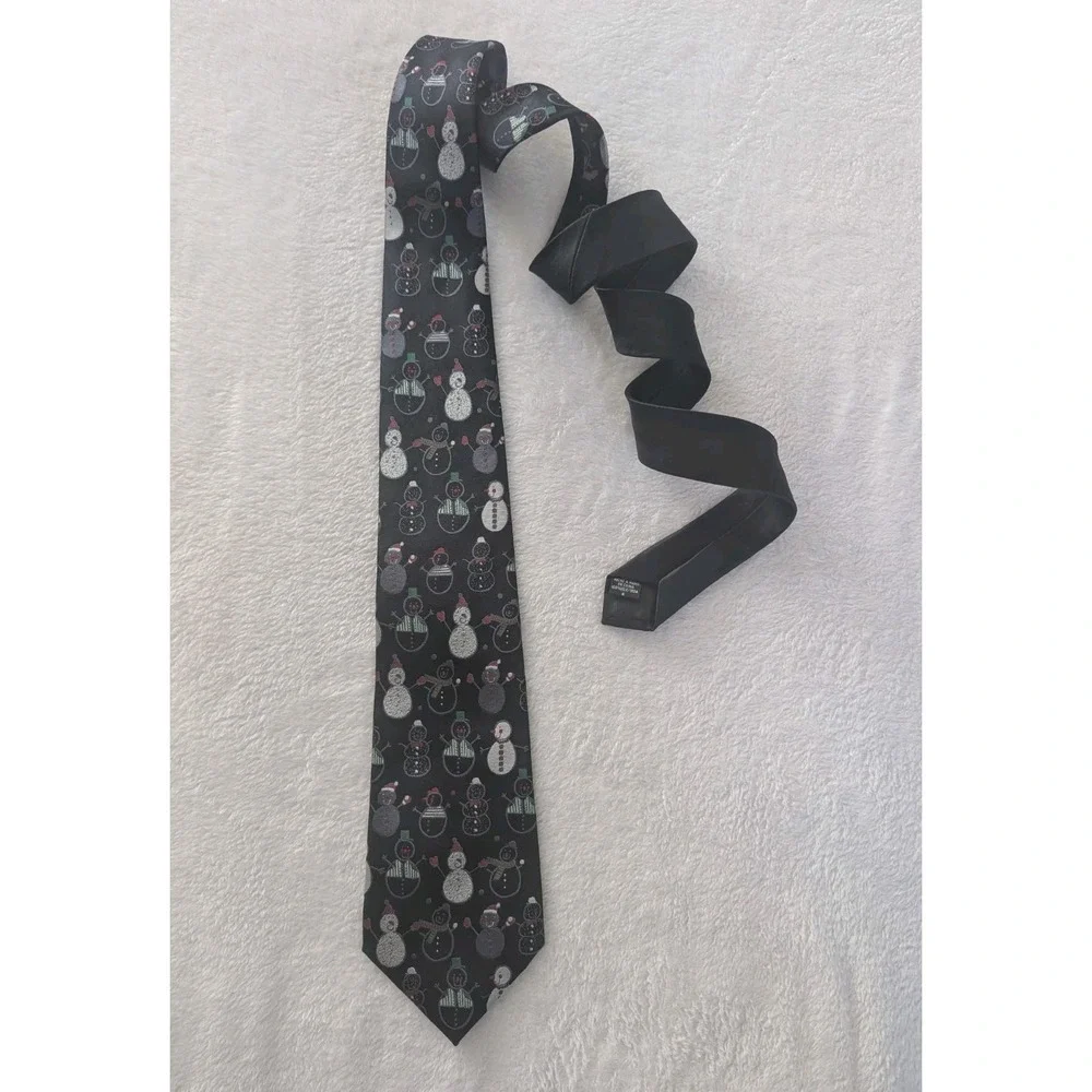 Vtg American Greetings Necktie Black Snowman Holiday Silk Mens OS